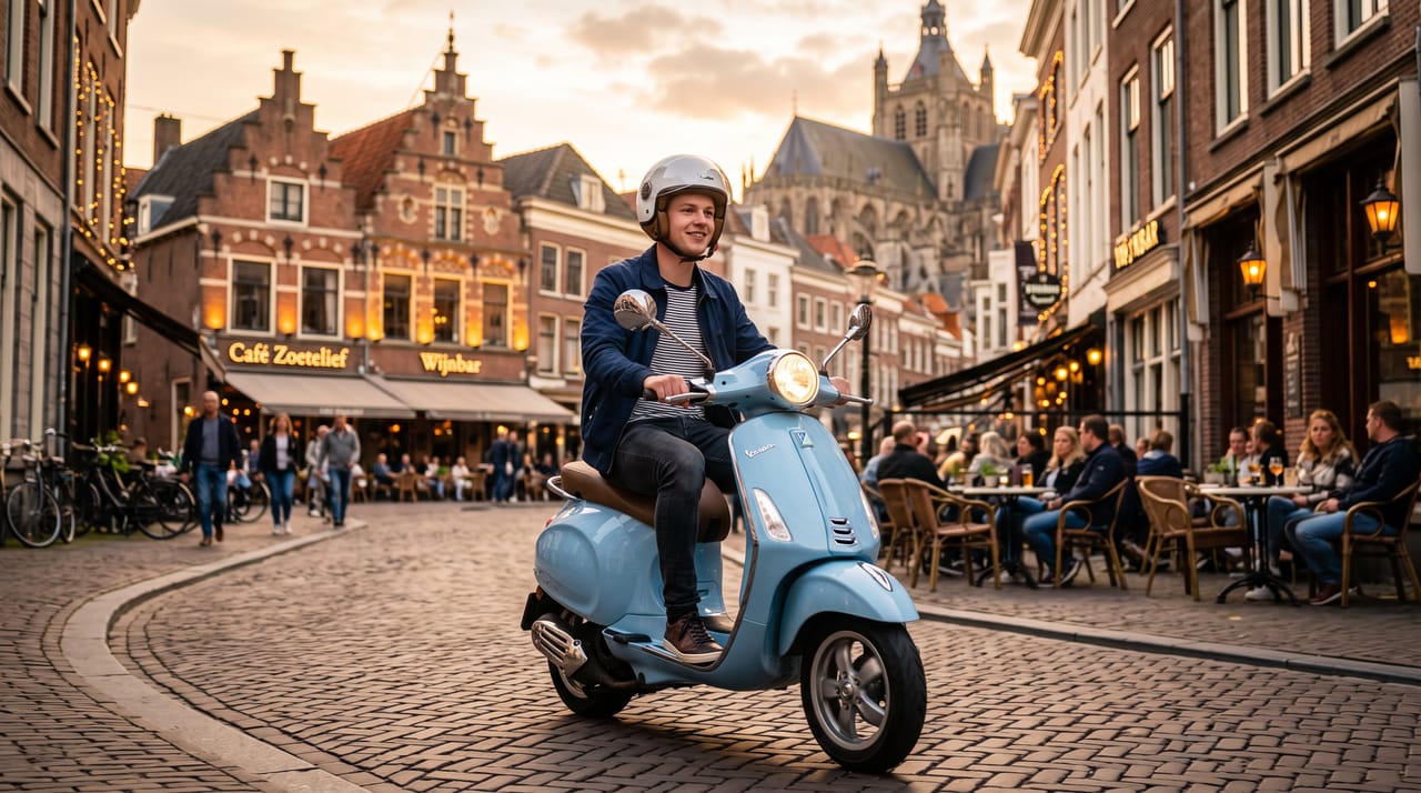 Man met helm rijdt op een lichtblauwe Vespa-scooter over een Nederlands marktplein bij zonsondergang