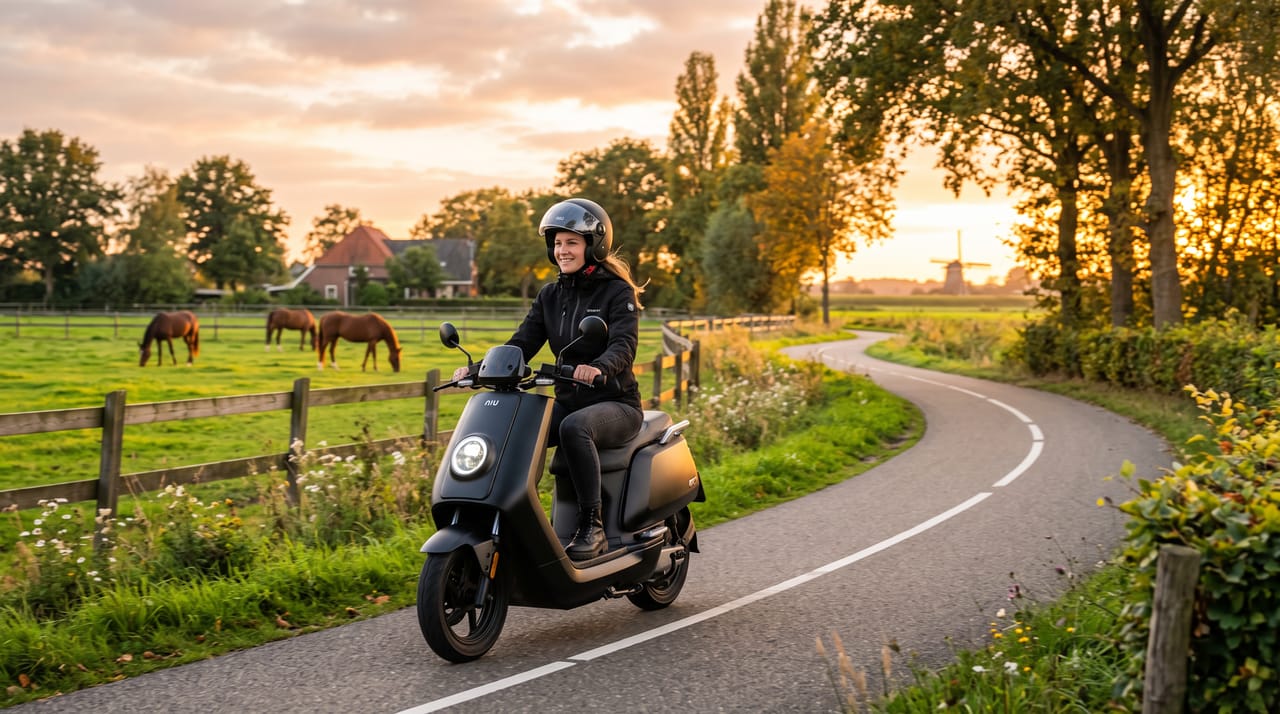 Vrouw op een elektrische bromscooter op een landweg tussen de weilanden