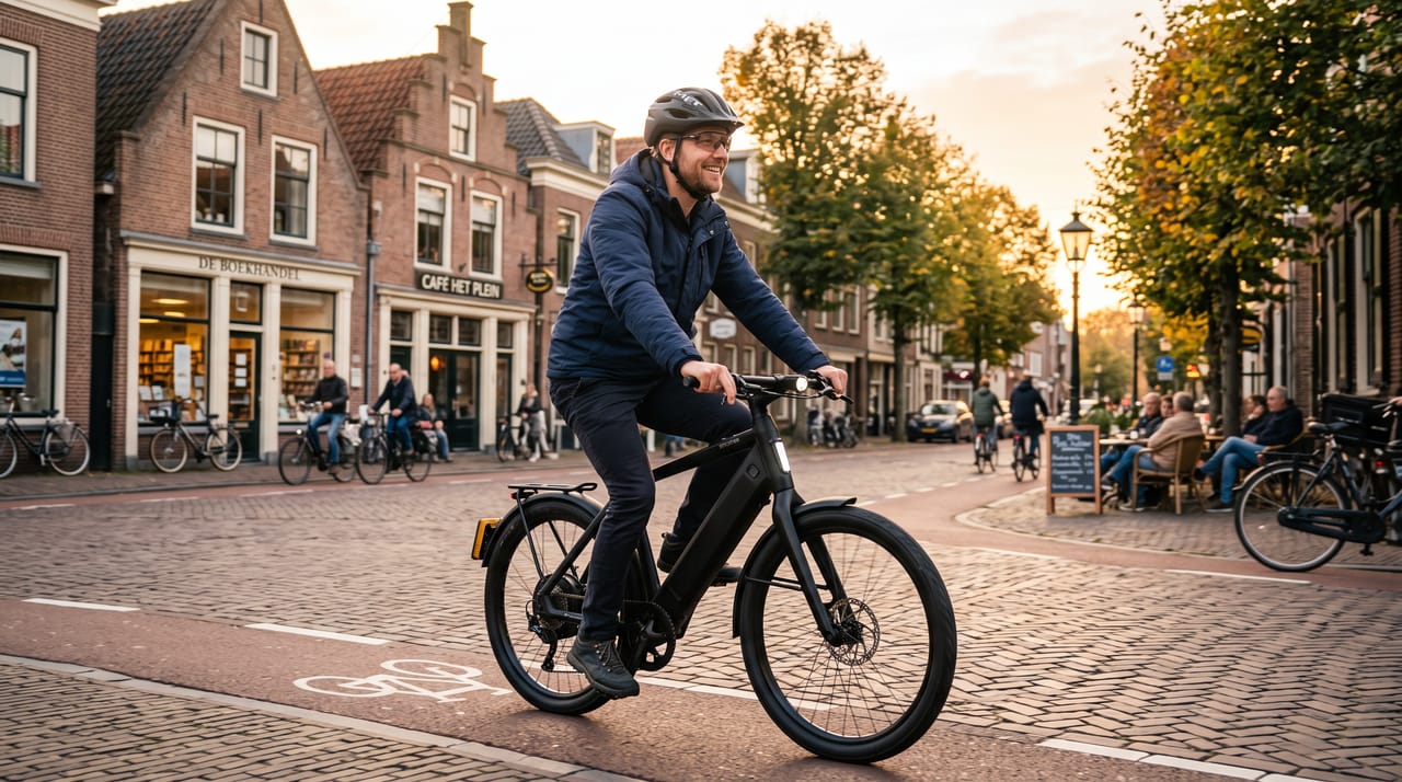 Man op een speed-pedelec door een Nederlandse dorpsstraat