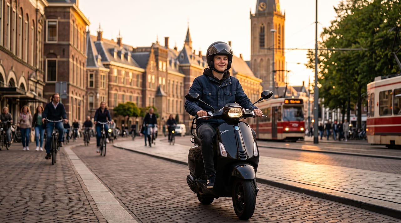 Jongen van 16 met helm op een zwarte Vespa-scooter in de binnenstad, tussen fietsers en een tram