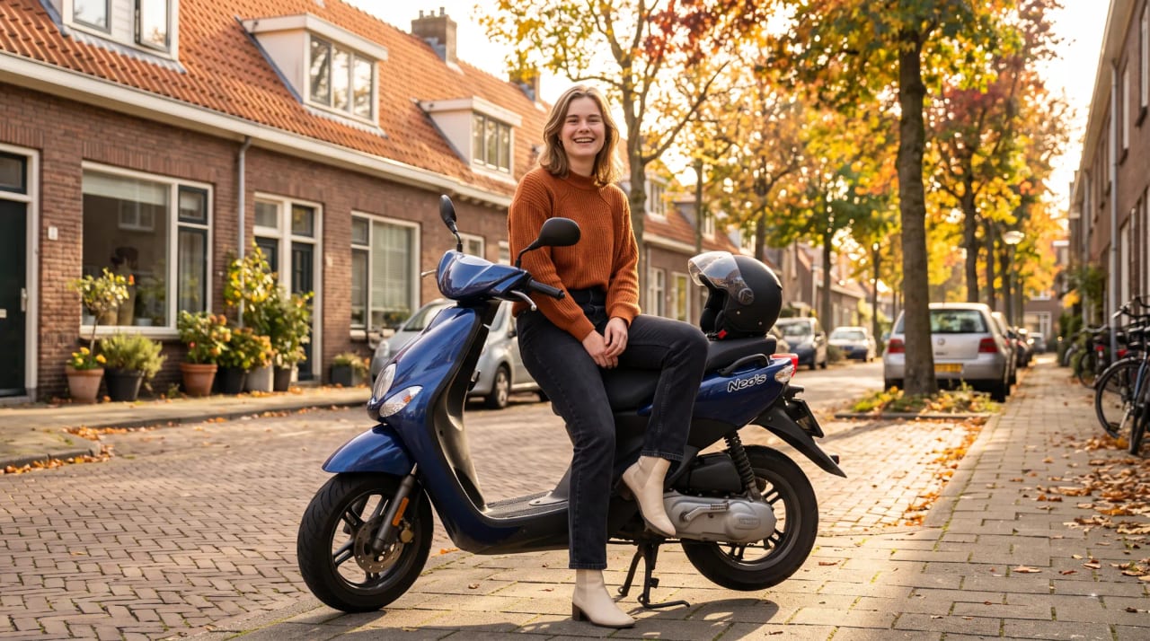 Jonge vrouw zit lachend op haar blauwe scooter in een herfstige woonstraat, met haar helm op het zadel