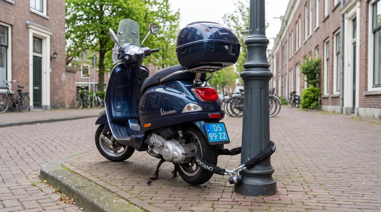 Donkerblauwe Vespa met topkoffer, met een kettingslot vastgemaakt aan een lantaarnpaal in een Nederlandse woonstraat